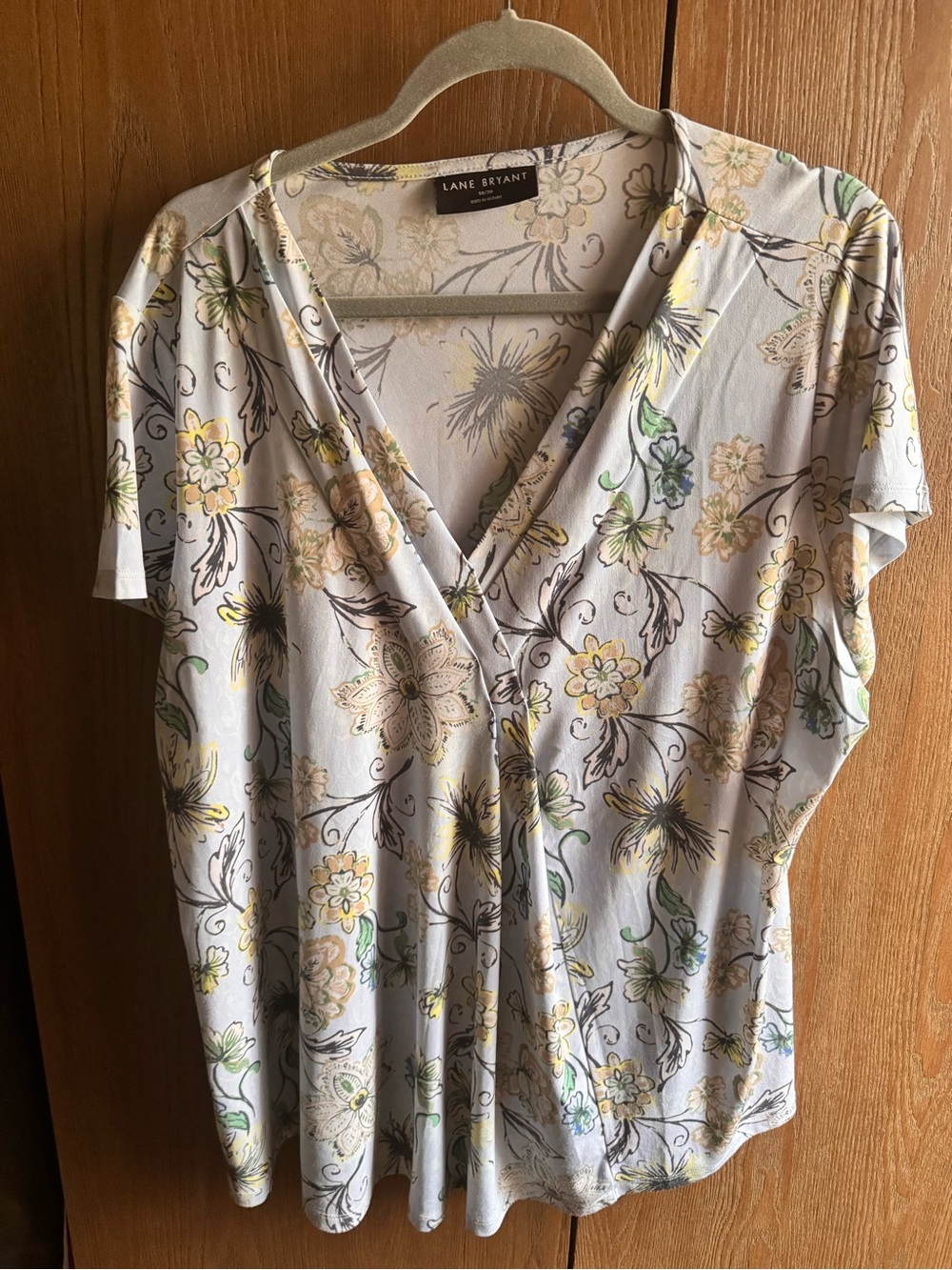 Lane Bryant Light Gray Floral Wrap V-Neck Top with Yellow & Green Accents